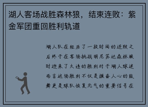 湖人客场战胜森林狼，结束连败：紫金军团重回胜利轨道