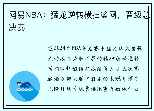 网易NBA：猛龙逆转横扫篮网，晋级总决赛